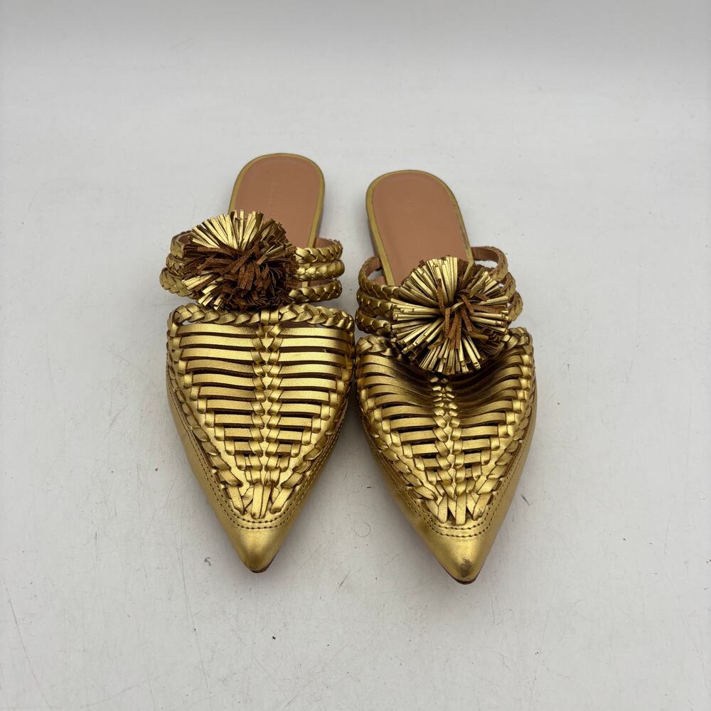 Ulla Johnson Marah Gold Woven Leather Pom Mules Women's 39 US 8.5 Point Toe